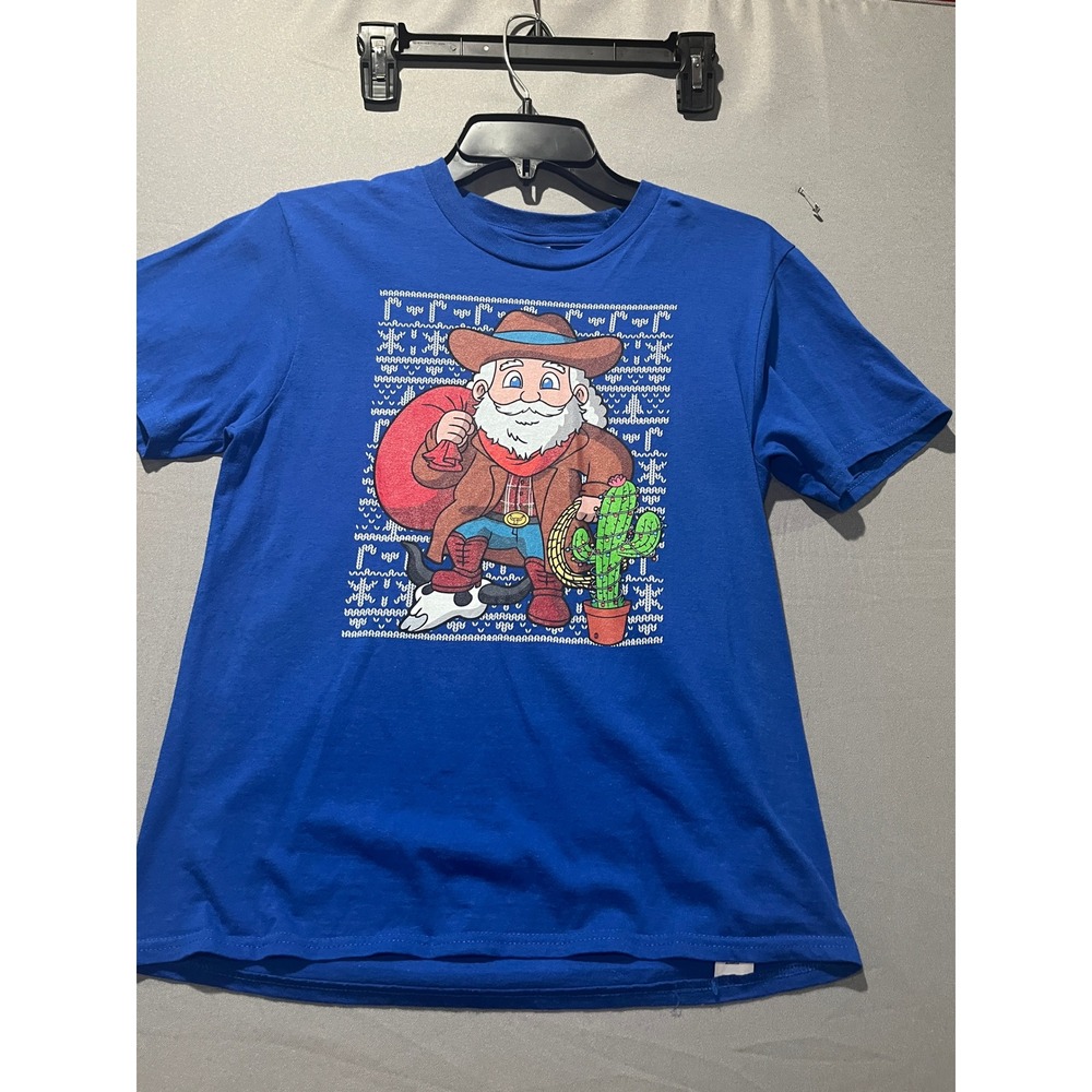 Port & Company Youth Cowboy Santa Christmas Graphic Tee Blue PC450YM Size L